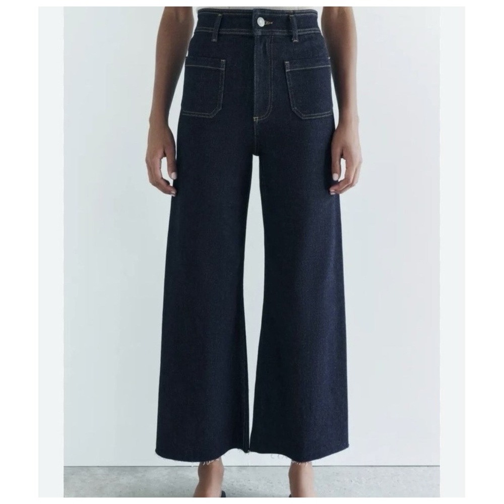 Zara Marine Dark Blue High Waisted Wide Leg Patch Pocket Jeans 6 Raw Hem Casual
